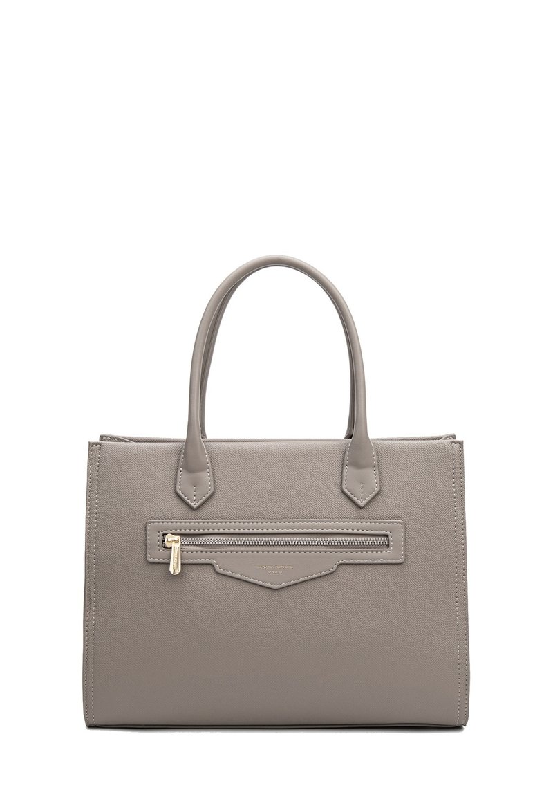 Borsa strutturata grigia realizzata in pelle ruvida, con doppi manici superiori e una tasca frontale con zip e hardware color oro.