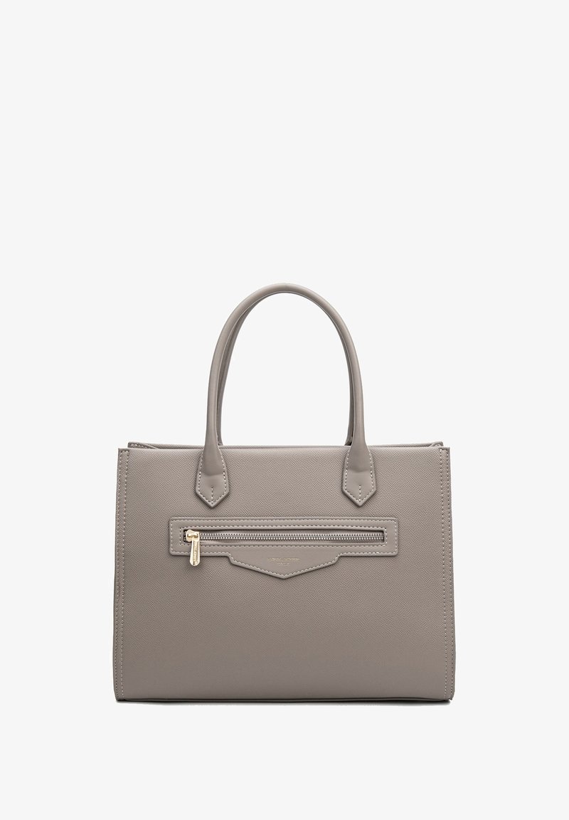 Borsa strutturata grigia realizzata in pelle ruvida, con doppi manici superiori e una tasca frontale con zip e hardware color oro.