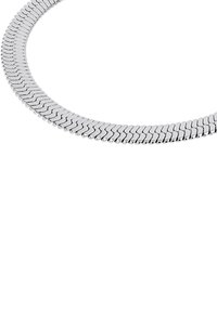 Collana in argento con un design flessibile composto da segmenti metallici interbloccati, che mette in mostra una superficie liscia e riflettente.