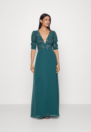 FLORAL EMBELLISHED GATHERED SLEEVE - Robe de cocktail - emerald