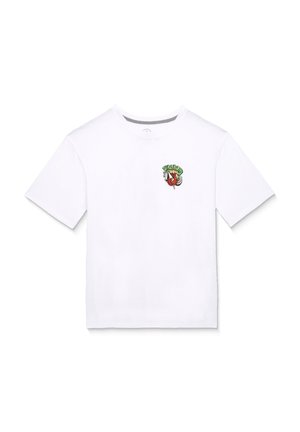 T-shirt blanc à manches courtes avec un petit motif coloré d'un piment rouge et un texte vert sur la partie gauche de la poitrine.