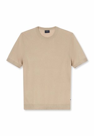 Beiges, kurzärmeliges Strickshirt mit Rundhalsausschnitt, geripptem Kragen, Bündchen und Saum, flach auf weißem Hintergrund ausgelegt.