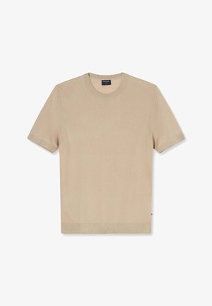 Beige short-sleeve crew neck knit shirt with ribbed collar, cuffs, and hem, laid flat on a white background.
