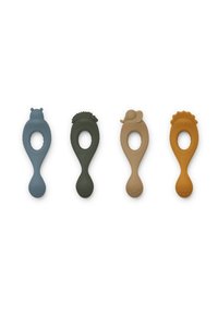 Set of four silicone teething toys in blue, green, tan, and yellow. Each has a unique animal design and textured grip areas.