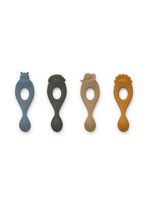 Set of four silicone teething toys in blue, green, tan, and yellow. Each has a unique animal design and textured grip areas.