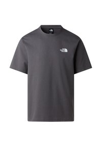 Mørkegrå kortærmet T-shirt med rund hals og lille hvid The North Face-logo på venstre side af brystet.