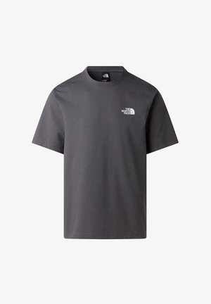 Donkergrijs T-shirt met korte mouwen en ronde hals, met een klein wit The North Face-logo op de bovenste linkerborst.