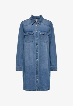 Denim shirt dress in light blue with long sleeves, button front, two chest pockets, and a classic collar. Features visible stitching and a straight cut.