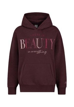Maroon hoodie with a front pocket, featuring the text “THERE IS BEAUTY in everything” in varying shades of pink. Soft fabric, adjustable hood.