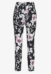 Blommig tryckbyxor med svart bakgrund, prydda med vita och rosa blommor, elastiskt midjeband och smal passform.