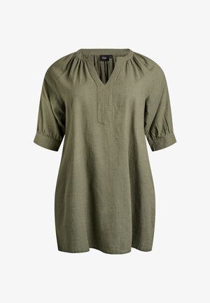 Olijfgroene tuniek top met een V-hals, geplooide details, halflange mouwen en een losse pasvorm. Gemaakt van een lichtgewicht, gestructureerde stof.