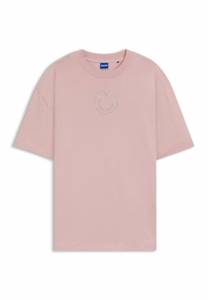 Hellrosa Baumwoll-T-Shirt mit Rundhalsausschnitt, kurzen Ärmeln und einem Smiley-Design aus Strasssteinen auf der Vorderseite.