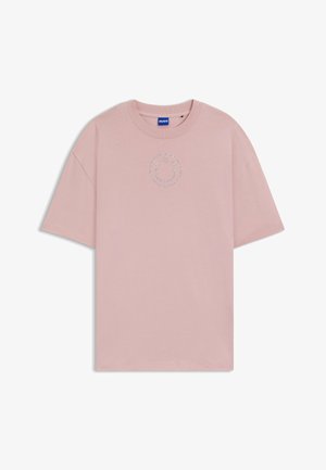 Light pink cotton t-shirt with a round neck, short sleeves, and a rhinestone smiley face design on the front.