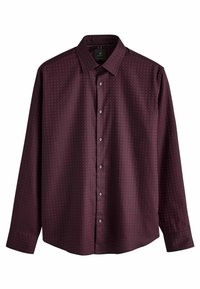 Bordeaux langärmliges Hemd mit geometrischem Muster, Knopfleiste und Ein-Knopf-Manschetten. Sanfte Textur mit klassischem Kragen.