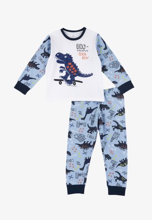 Ensemble de pyjama pour enfants comprenant un haut à manches longues blanc avec un motif de dinosaure bleu. Pantalons bleus à motifs avec diverses illustrations de dinosaures et du texte.