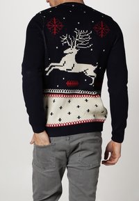 Stickad tröja med en marinblå kropp, som har en vit ren-grafik, röda och krämfärgade accentfärger, samt ett texturerat mönster i nederkant.