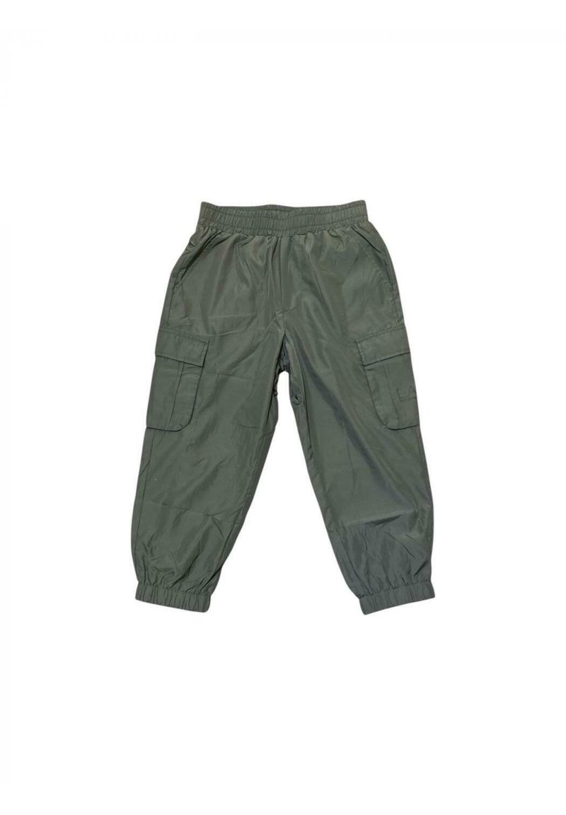 Grüne Cargo-Hose mit elastischem Bund, zwei seitlichen Taschen und elastischen Bündchen an den Knöcheln. Glattes, leichtes Material.