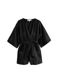 Robe in stile kimono nero con maniche corte e design avvolgente, caratterizzato da ricami di palme e una cintura coordinata.