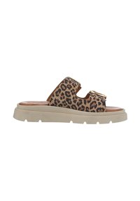 Leopard print slide sandals with a tan suede upper, featuring two openings and a contrasting beige rubber sole for grip and comfort.