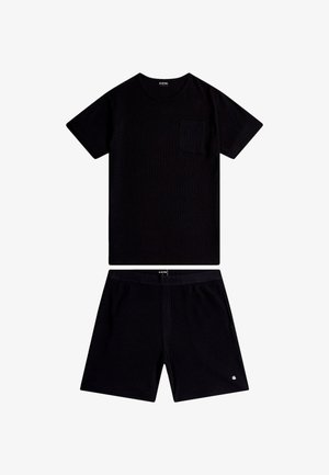 Schwarzes, geripptes T-Shirt mit kurzen Ärmeln und Brusttasche sowie passende gerippte Shorts, beide mit dezenten Logodetails.