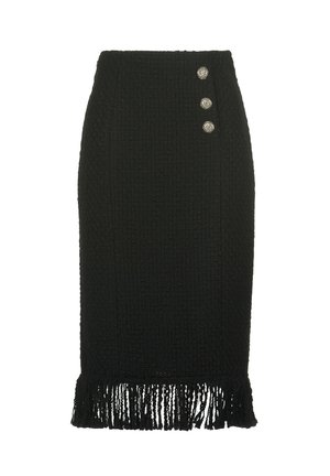 Jupe crayon noire avec un tissage texturé, ornée de trois boutons embellis sur le côté et d'un ourlet à franges.