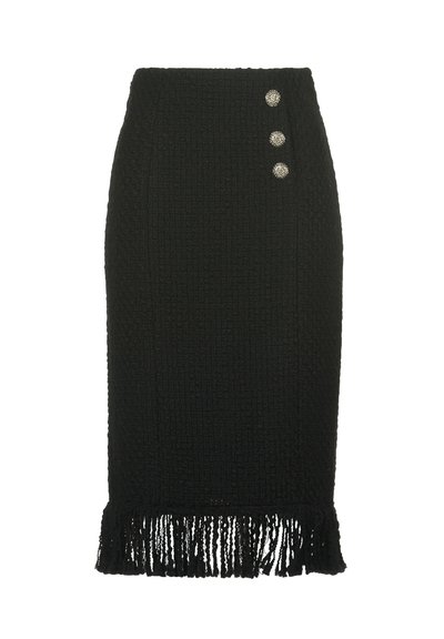 Black pencil skirt with a textured weave, featuring three embellished buttons on the side and a fringed hem.