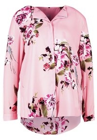 Blouse rose à imprimé floral dans des tons de violet et de vert, finition satinée lisse, col boutonné, devant à boutons, ourlet plus long à l'arrière.