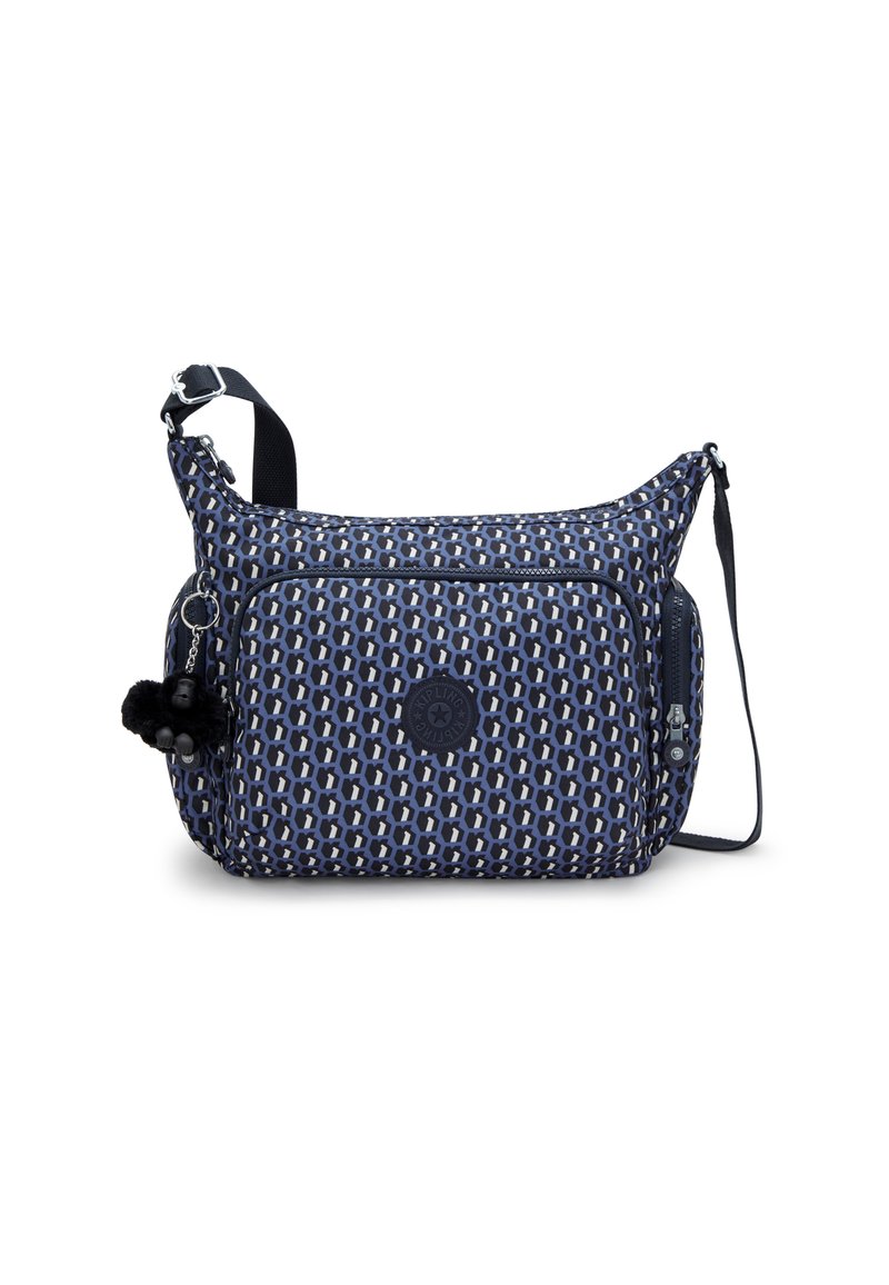 Borsa a spalla blu navy con motivo grafico, scomparti con zip, tracolla regolabile e accessorio pom-pom. Realizzata in tessuto resistente.