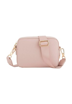 Sac bandoulière rectangulaire rose blush avec surface texturée, bandoulière ajustable et boucle ainsi que fermoirs dorés.