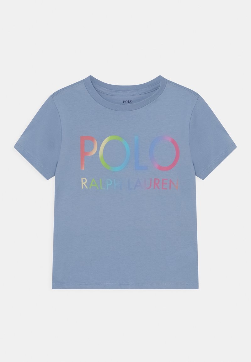 Blå bomullstshirt med en gradient regnbågslogo "POLO RALPH LAUREN" över framsidan. Kort ärm och en klassisk rund halsdesign.