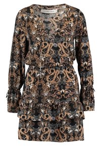 Schwarzes Kleid mit langen Ärmeln, geschichteten Rüschen und einem aufwendigen goldenen und silbernen Blumenmuster. Verfügt über elastische Bündchen und eine Kordelzugtaille.