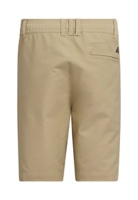 Pantalones cortos beige hechos de una mezcla de algodón con una textura suave, que cuentan con un bolsillo trasero y lazos para cinturón para un ajuste ajustable.