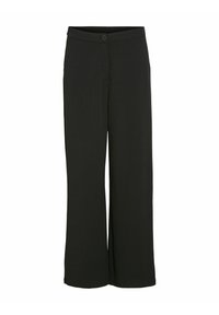 Pantalons noirs à jambes larges en tissu lisse. Dotés d'une fermeture à bouton à l'avant et de deux poches latérales. Coupe droite sans ornements.
