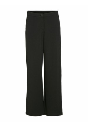 Pantalons noirs à jambes larges en tissu lisse. Dotés d'une fermeture à bouton à l'avant et de deux poches latérales. Coupe droite sans ornements.