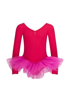Langärmliger pinker Body mit V-Ausschnitt, der an der Vorderseite drei dekorative Knöpfe aufweist und an der Taille einen geschichteten, pinken Tüllrock besitzt.