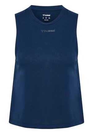 Marineblaues ärmelloses Sportoberteil mit rundem Ausschnitt und geprägtem Hummel-Logo auf der Brustmitte, hergestellt in Indien, Größe klein.
