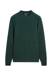 Grüner, gerippter Strickpullover mit rundem Ausschnitt und langen Ärmeln. Verfügt über eine lockere Passform und eine weiche Textur.