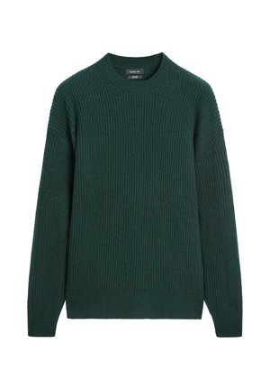 Zelený žebrovaný pletený svetr s kulatým výstřihem a dlouhými rukávy. Má volný střih a měkkou texturu.