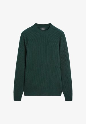 Zelený žebrovaný pletený svetr s kulatým výstřihem a dlouhými rukávy. Má volný střih a měkkou texturu.