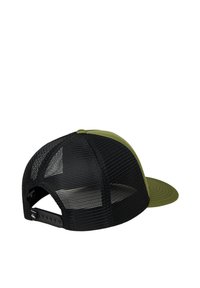 Schwarze Mesh-Trucker-Mütze mit grünem Schirm. Verfügt über einen verstellbaren Snapback-Verschluss und ein strukturiertes Material. Sauberes Design mit minimalen Details.