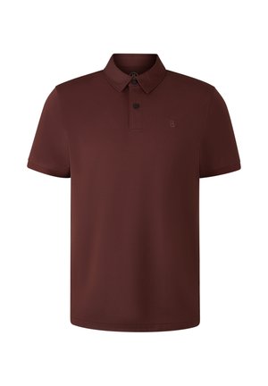 Braunes Poloshirt mit kurzen Ärmeln aus glattem, strukturiertem Stoff; verfügt über einen klassischen Kragen mit zwei schwarzen Knöpfen und einem dezenten Logo.