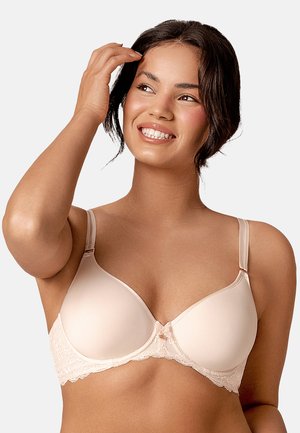 Beige bh met kantafwerking, gladde cups, verstelbare bandjes en een decoratieve strik in het midden. Zachte textuur en ondersteuning met beugel.