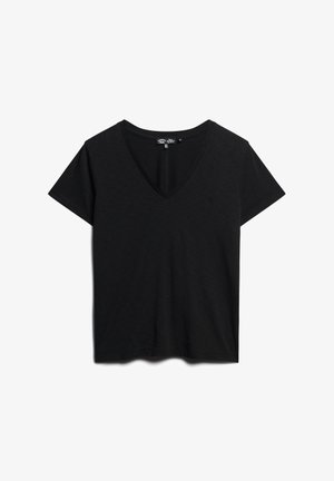 Zwarte V-hals T-shirt gemaakt van zachte, lichte stof. Korte mouwen en een subtiel geborduurd logo aan de linkerkant van de borst.