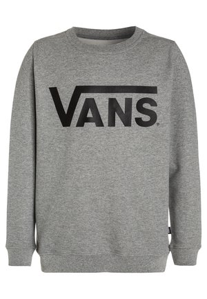 Grå sweatshirt lavet af blødt materiale, prydet med et fremtrædende sort "VANS" logo på brystet samt ribbet halsudskæring og manchetter.