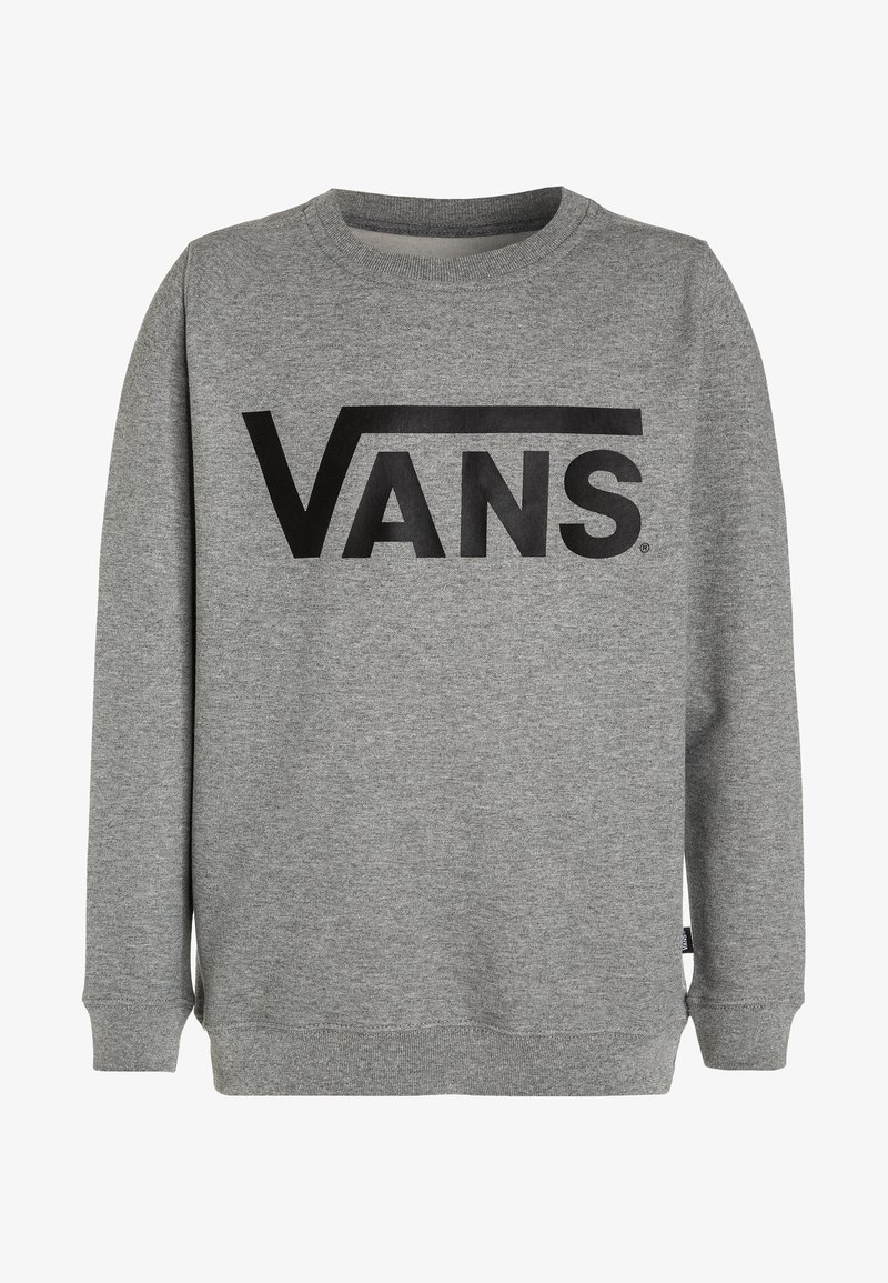 Sweat-shirt gris en tissu doux, arborant un logo « VANS » noir bien visible sur la poitrine et des finitions côtelées au col et aux poignets.