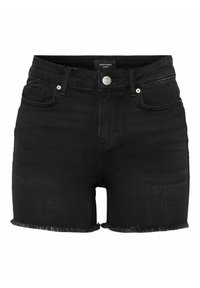 Svarta jeansshorts med hög midja, fransad fåll, femficksdesign och metallknappstängning. Slät textur med minimal blekning.