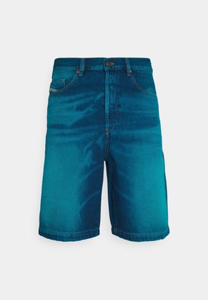 Denim shorts sinisessä gradientissa, joissa on säännöllinen istuvuus, viisi taskua, nappikiinnitys ja erottuva tikkauksen reunat.