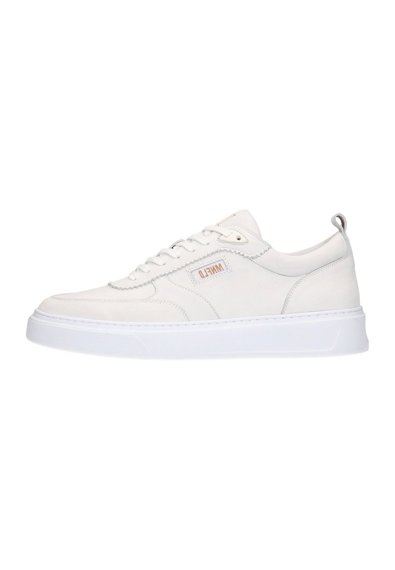 White sneaker with smooth leather upper, padded collar, and textured overlays. Features a flat white rubber sole and side branding detail.