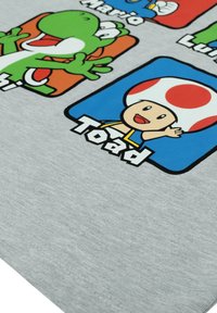 Gray fabric featuring colorful cartoon characters: Yoshi in green, Mario, Luigi, and Toad with a red and white spotted mushroom cap.