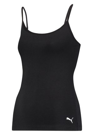 Black tank top made of smooth fabric, featuring thin straps and a fitted design. Includes a small white Puma logo near the hem.